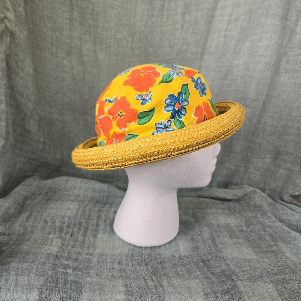 Women's Hat Yellow Rolled Straw Brim w/ Floral 100% Cotton Fabric Crown Size S/M